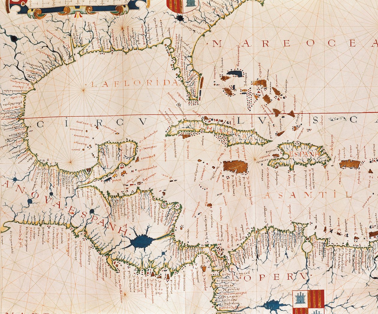 Portulan: Geografisk kart med navnet på kystlinjen til Cuba, Florida, Mellom-Amerika og Nord-Latin-Amerika, Hydrographic Atlas of Fernao VAZ DOURADO (1500-tallet) av Fernao Vaz Dourado