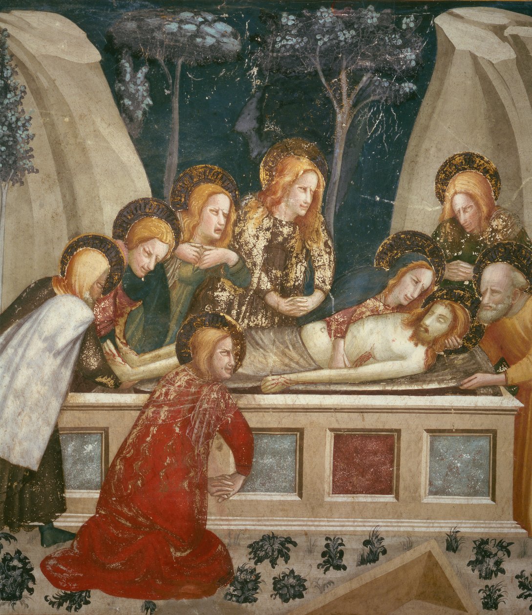 Jesus i graven med apostlene og hans mor (fresco) av Ferrer Bassa