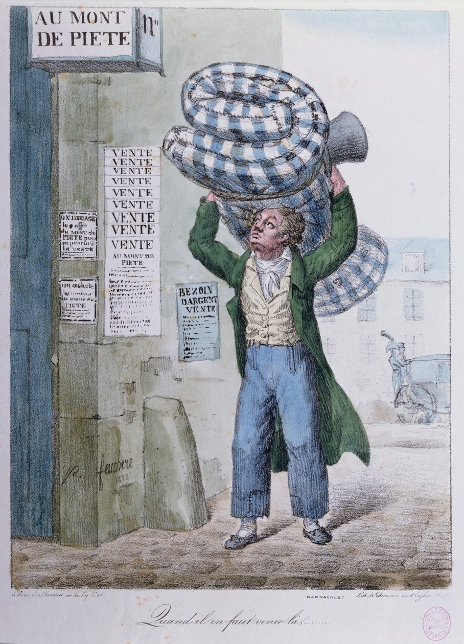 Når man må gå..., karikatur av et besøk til Mont de Piete pantelånere, 1822 av Jean Jacques Feuchere