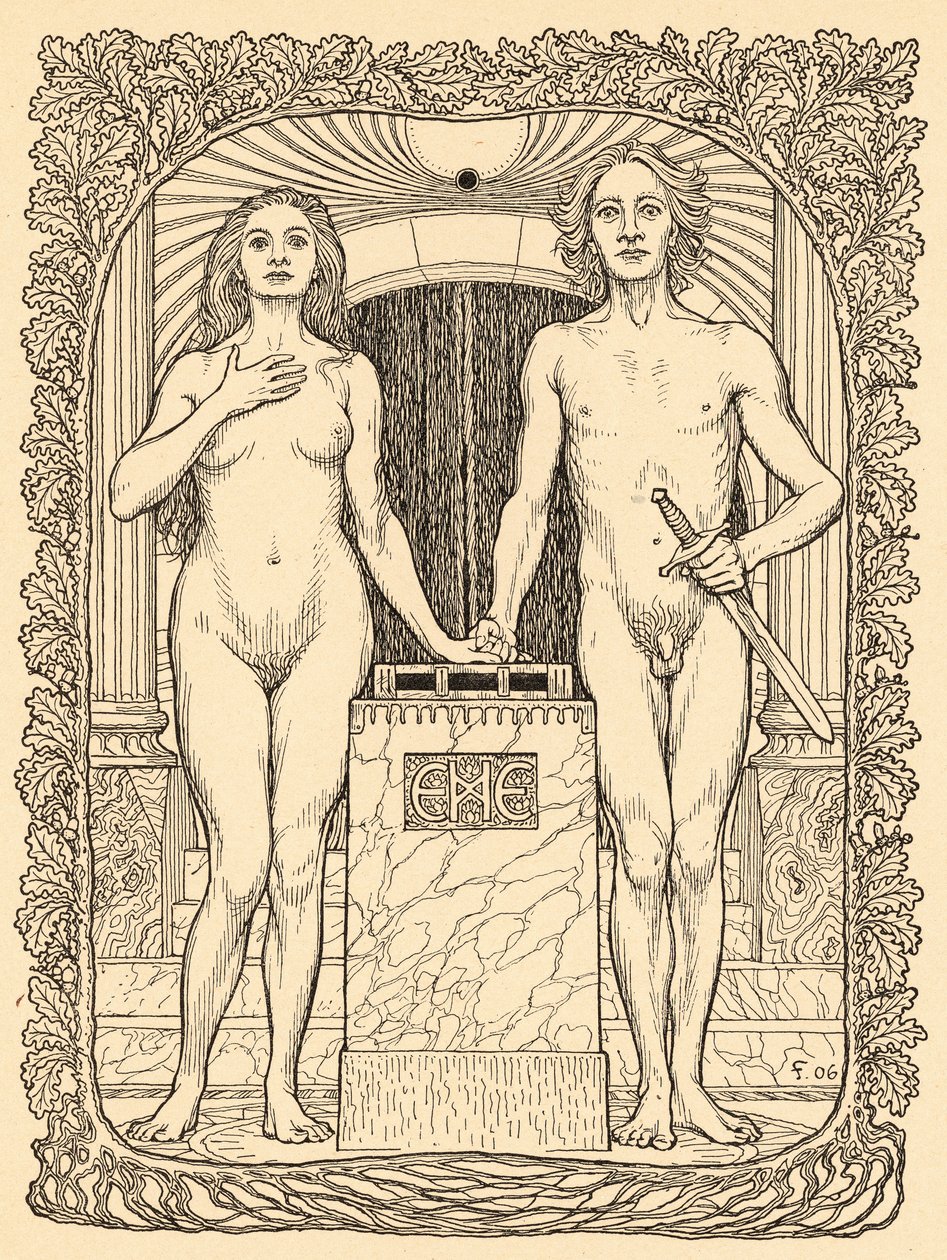 Ved bryllupsalteret, tallerken 6, fra porteføljen 'Lebenszeichen', pub. 1908 i Berlin av Fritz Heyder Verlag av Fidus