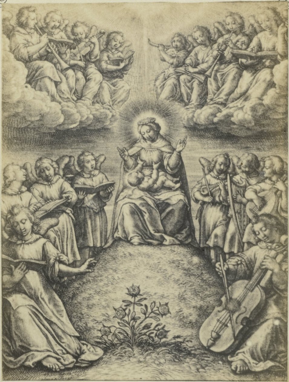 Fotoreproductie van de gravure Konserten des angis av Hieronymus Wierix Englenes konsert av Fierlants