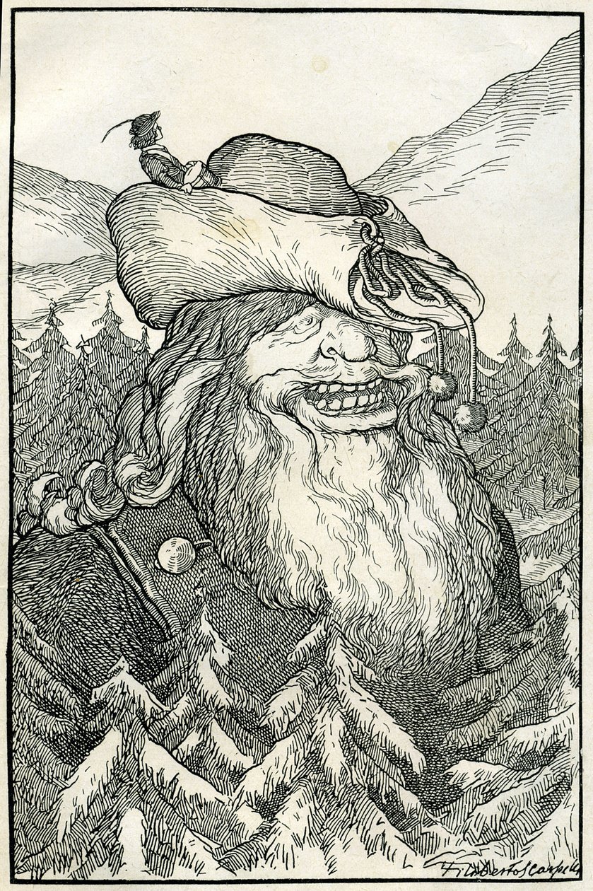 Fabler: Kjempen. Illustrasjon av Filiberto Scarpelli til «Krystallfjellet» fra en samling fabler av brødrene Grimm (Jakob og Wilhelm) av Filiberto Scarpelli