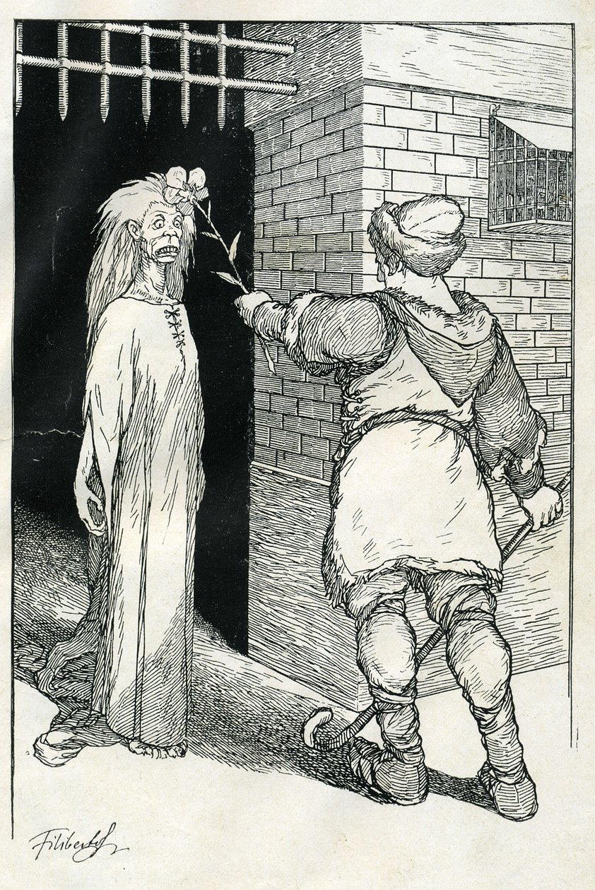 «Han rørte først ved den gamle kvinnen, og hun ble lamslått.» Illustrasjon av Filiberto Scarpelli til historien «God kveld, Ezechiel» fra en samling fabler av brødrene Jakob og Wilhelm Grimm «Snøhvit og andre fortellinger». av Filiberto Scarpelli