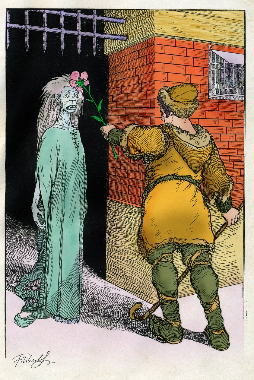 Illustrasjon av Filiberto Scarpelli (1870–1933) til fabelen «Buona sera Ezzechiello» (God kveld Esekiel) fra en samling fabler av brødrene Grimm «Snøhvit og andre eventyr», omtrent 1920. av Filiberto Scarpelli