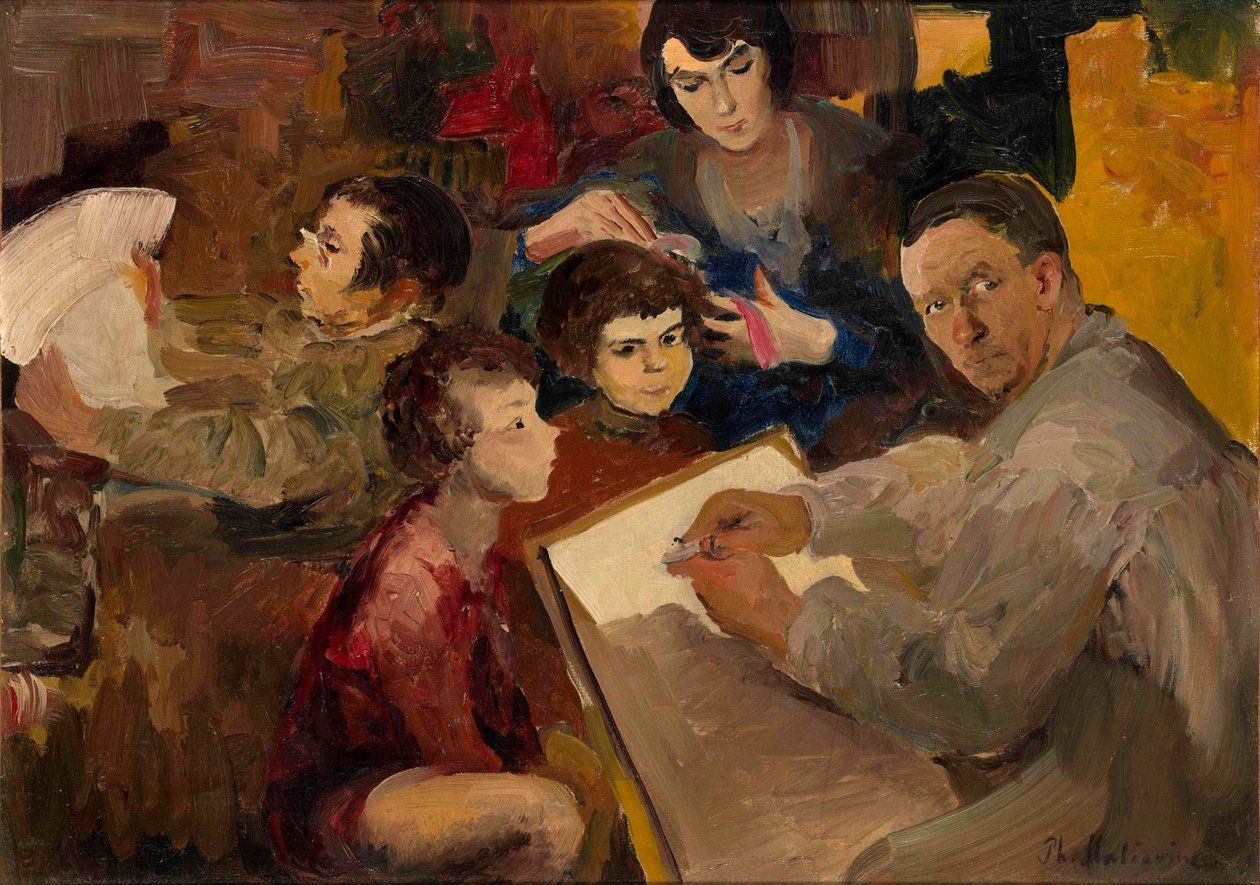 Selvportrett med familie - Maleri av Filipp Andreyevich Maliavin (Maliavine) (eller Andreyevich Malyavin) (1869-1940), olje på lerret (46,5x64,5 cm), russisk kunst, slutten av 1800-begynnelsen av 1900-tallet - Privat samling av Filipp Andreevich Maliavin
