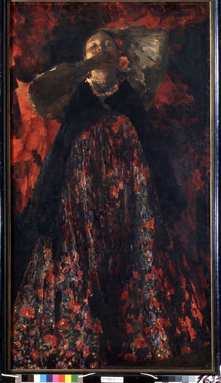 En jente (En jente). En bondekvinne i tradisjonell drakt. Maleri av Filipp Andreevich Maliavin (Maliavine) (eller Andreyevich Malyavin) (1869-1940), olje på lerret av Filipp Andreevich Maliavin