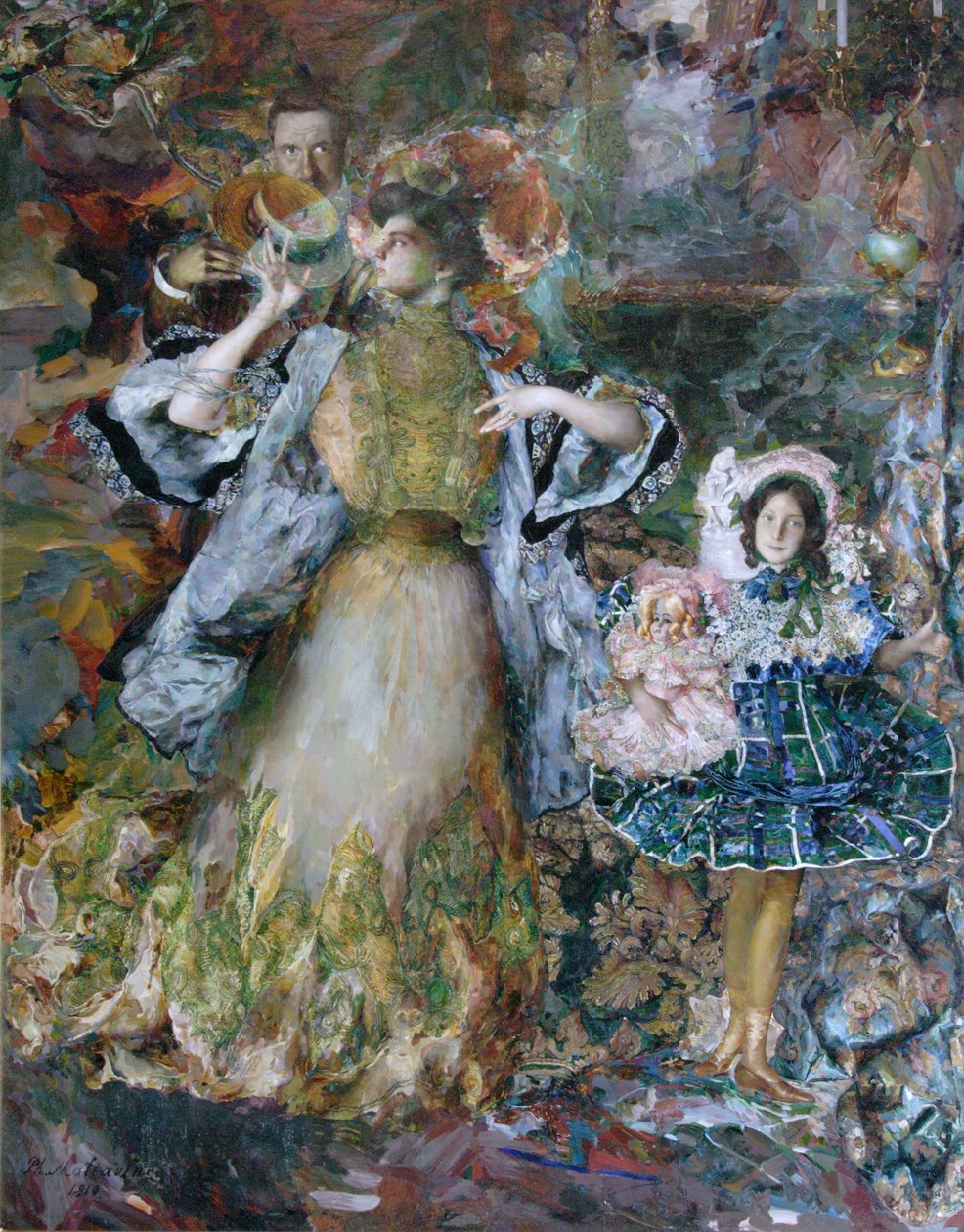 Selvportrett med kone og datter, 1910 av Filipp Andreyevich Malyavin