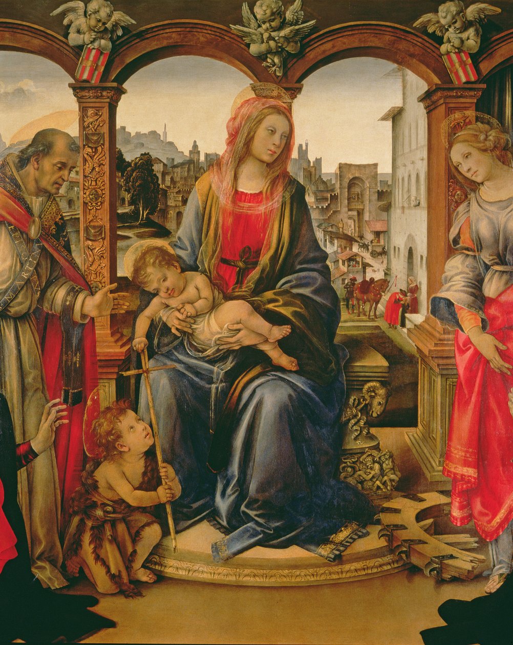 Nerli altertavle: Madonna og barn med den unge døperen Johannes, St. Martin, St. Katarina og giverne Tanai og Nanna dei Nerli, 1494 detalj av 58333 av Filippino Lippi