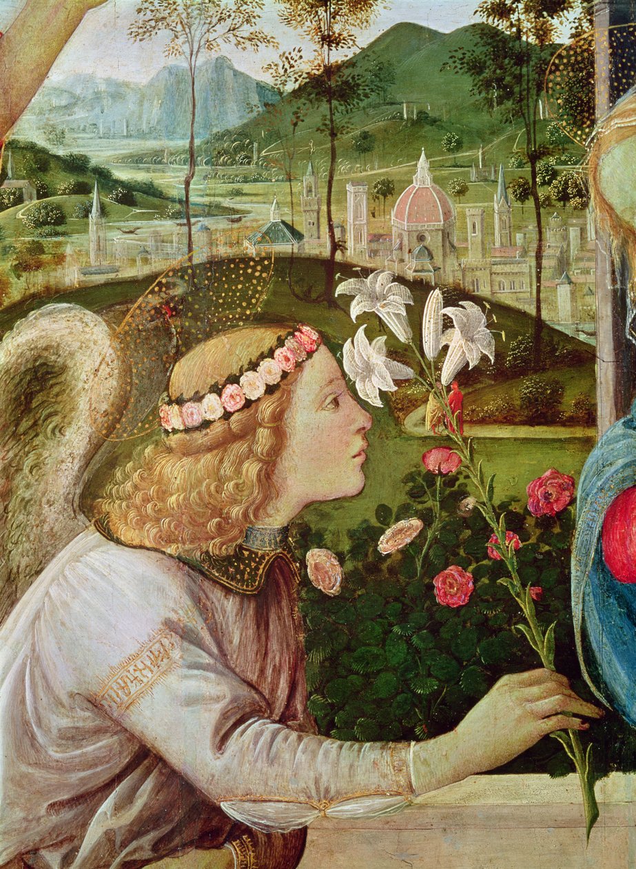 Bebudelsen mellom døperen Johannes og den hellige Andreas som bærer hans korsdetalj av hodet til en engel, 1483-5 olje på lerret av Filippino Lippi