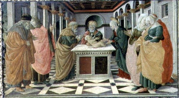 Presentasjonen i tempelet, predellapanel til Fødselsaltertavlen i Museo Civico av Filippino (and workshop) Lippi