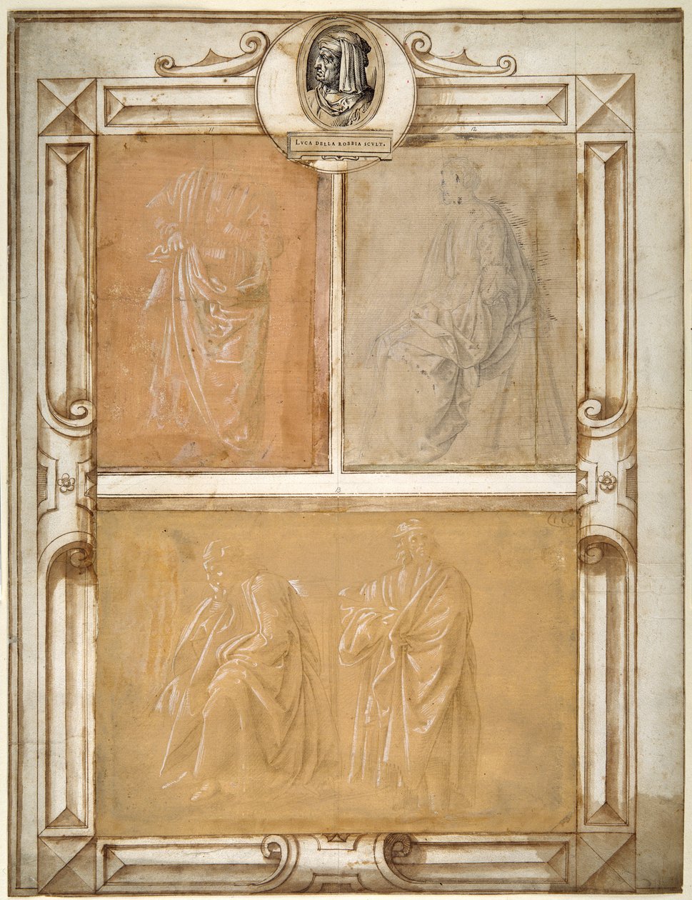 Studier av draperte figurer (sølvspiss forhøyet med hvit kroppsfarge på forberedt papir) av Filippino (follower of) Lippi