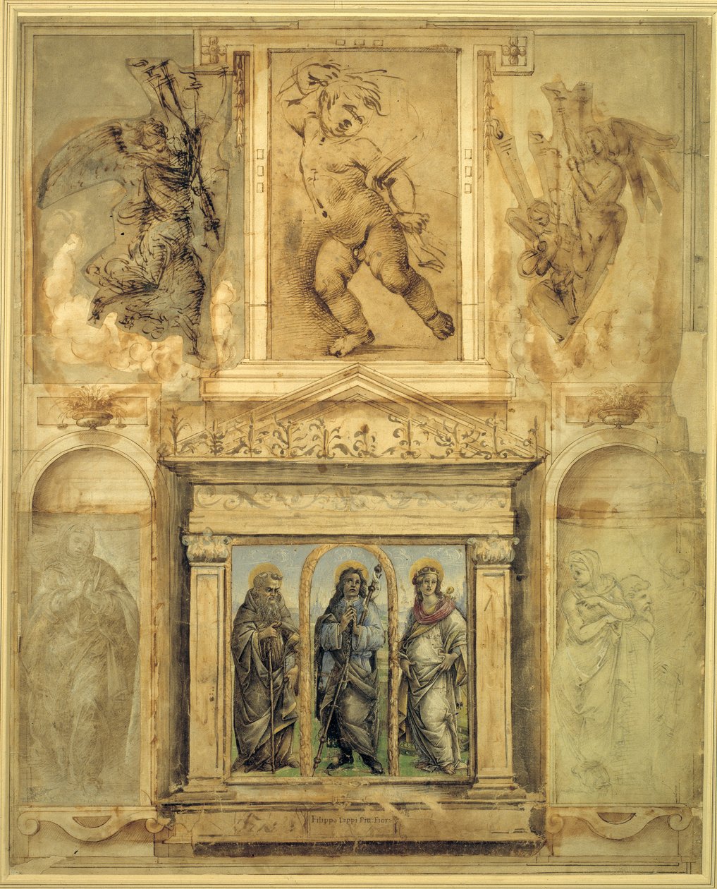En side fra Vasaris 'Libro de' Disegni' (penn og brunt blekk med metallspiss, vask og kritt på papir) av Filippino Lippi