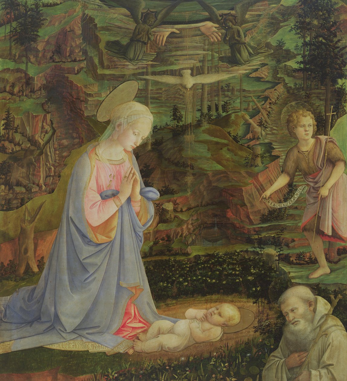 Tilbedelse av barnet med spedbarnet St John og St Romuald (tempera på panel) av Filippino Lippi