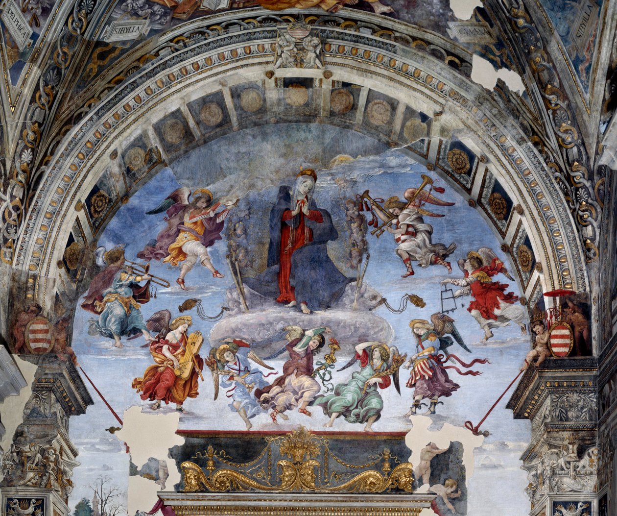Antagelse av jomfrudetaljen. Fresco av filippinske Lippi (1457-1504) 1488-1492 Roma, kirken Santa Maria sopra Minerva, Chapel Carafa Italia av Filippino Lippi
