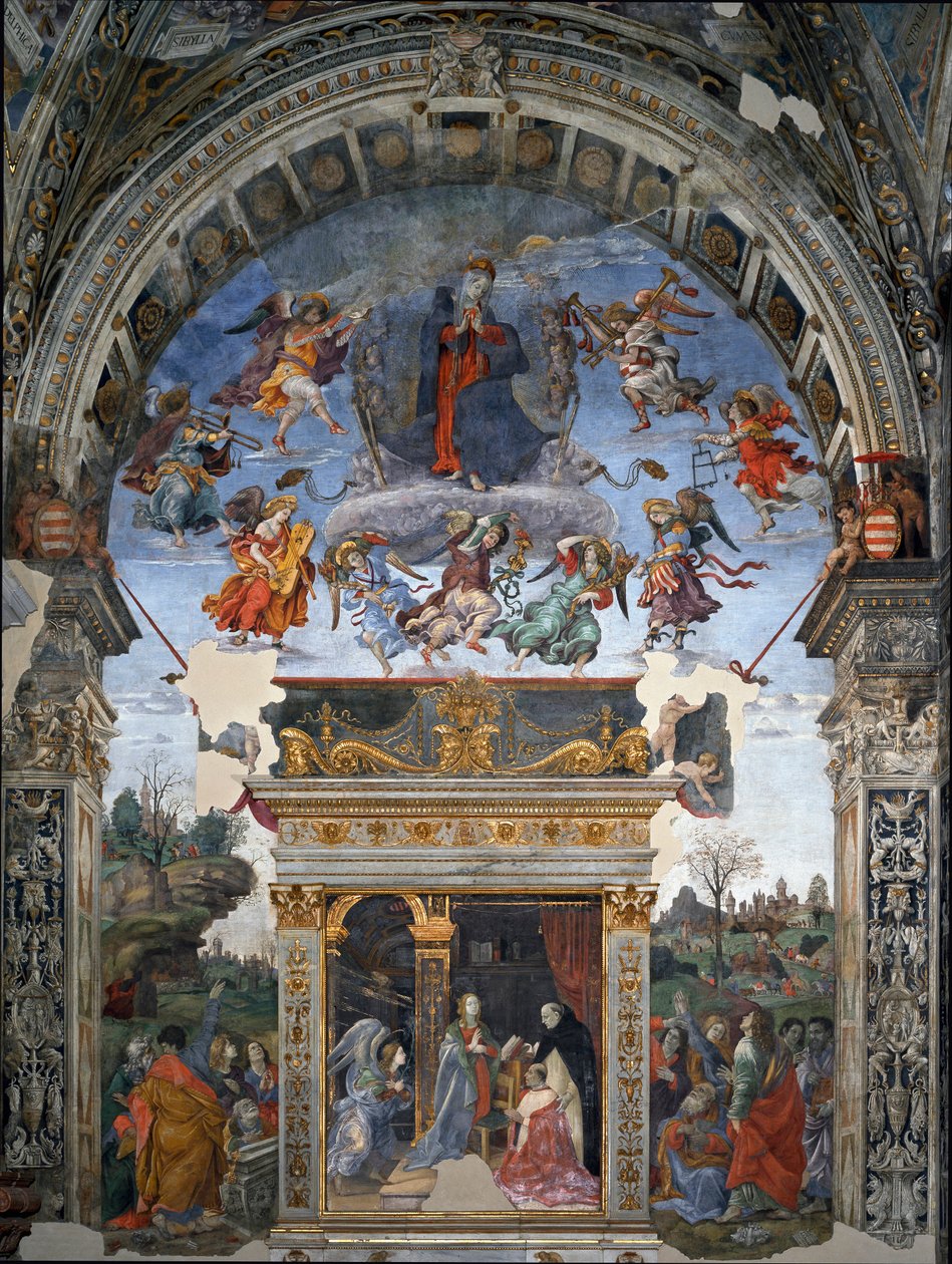 Jomfruens himmelfart og nedenfor St. Thomas Aquinas som presenterer til Maria kardinal Oliviero Carafa Fresco av filippinske Lippi (1457-1504) 1488-1492 Roma, kirken Santa Maria sopra Minerva, kapell Carafa Italia av Filippino Lippi