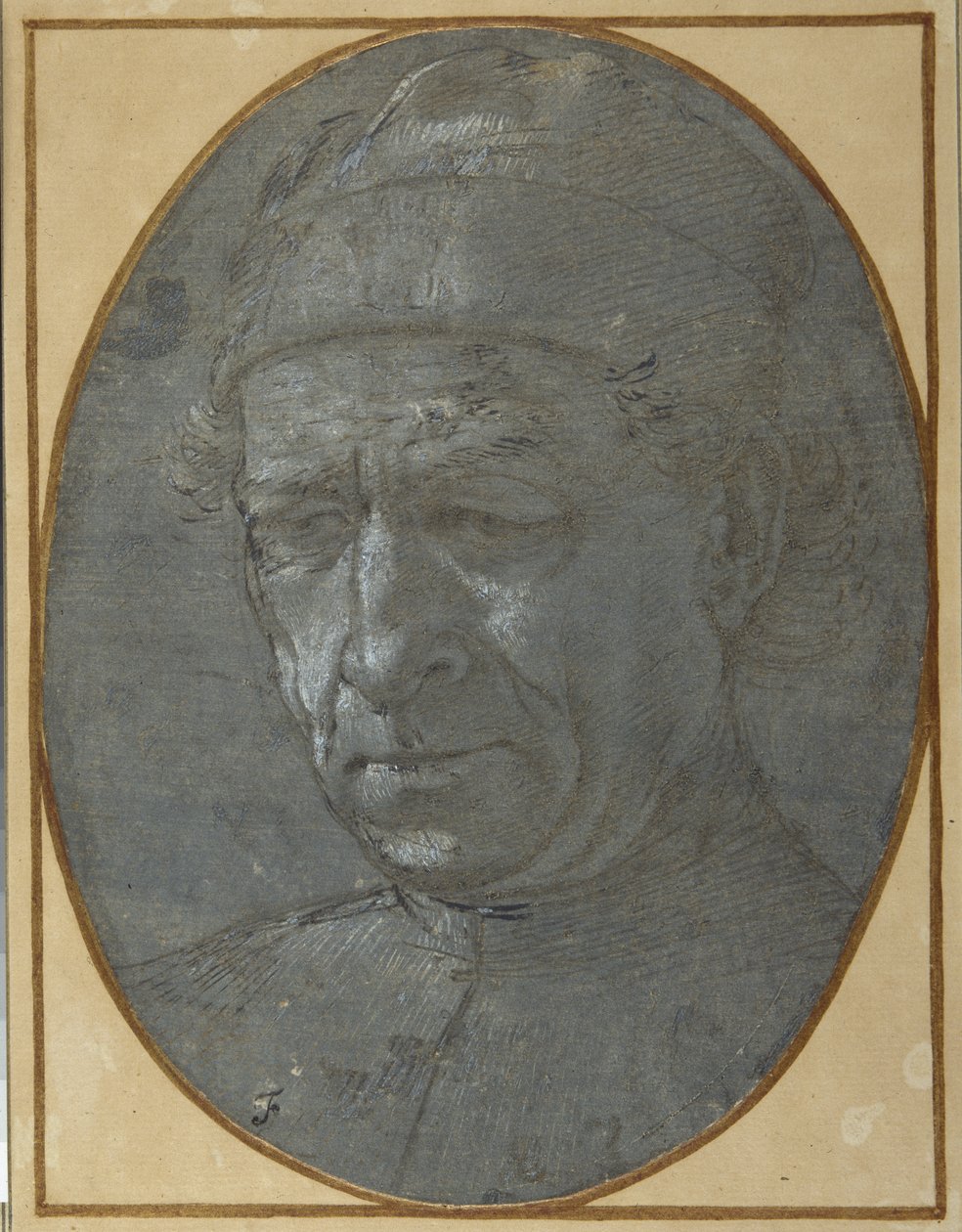 Hodet til en eldre mann som har på seg en caps (metallspiss på blågrått forberedt papir) av Filippino Lippi