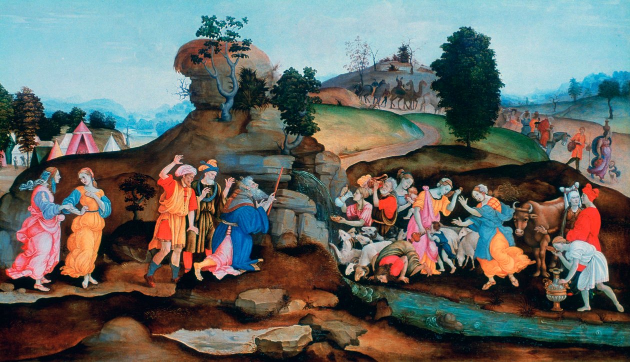 Moses bringer vann ut av klippen, ca 1500 av Filippino Lippi