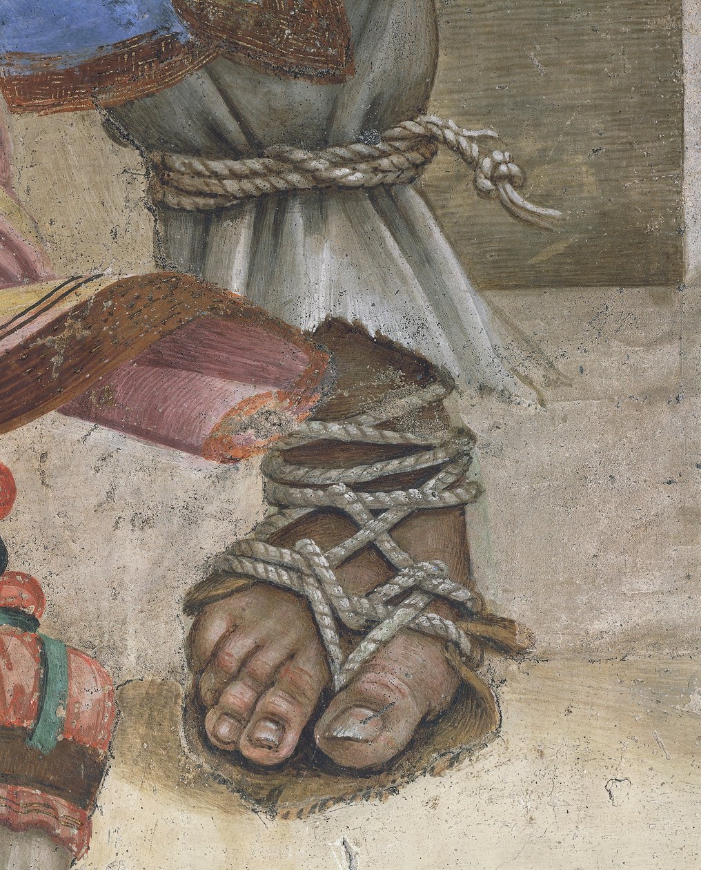 Saint John Evangelist Resuscitating Drusiana av Filippino Lippi, detalj av fottøy, fresco av Filippino Lippi