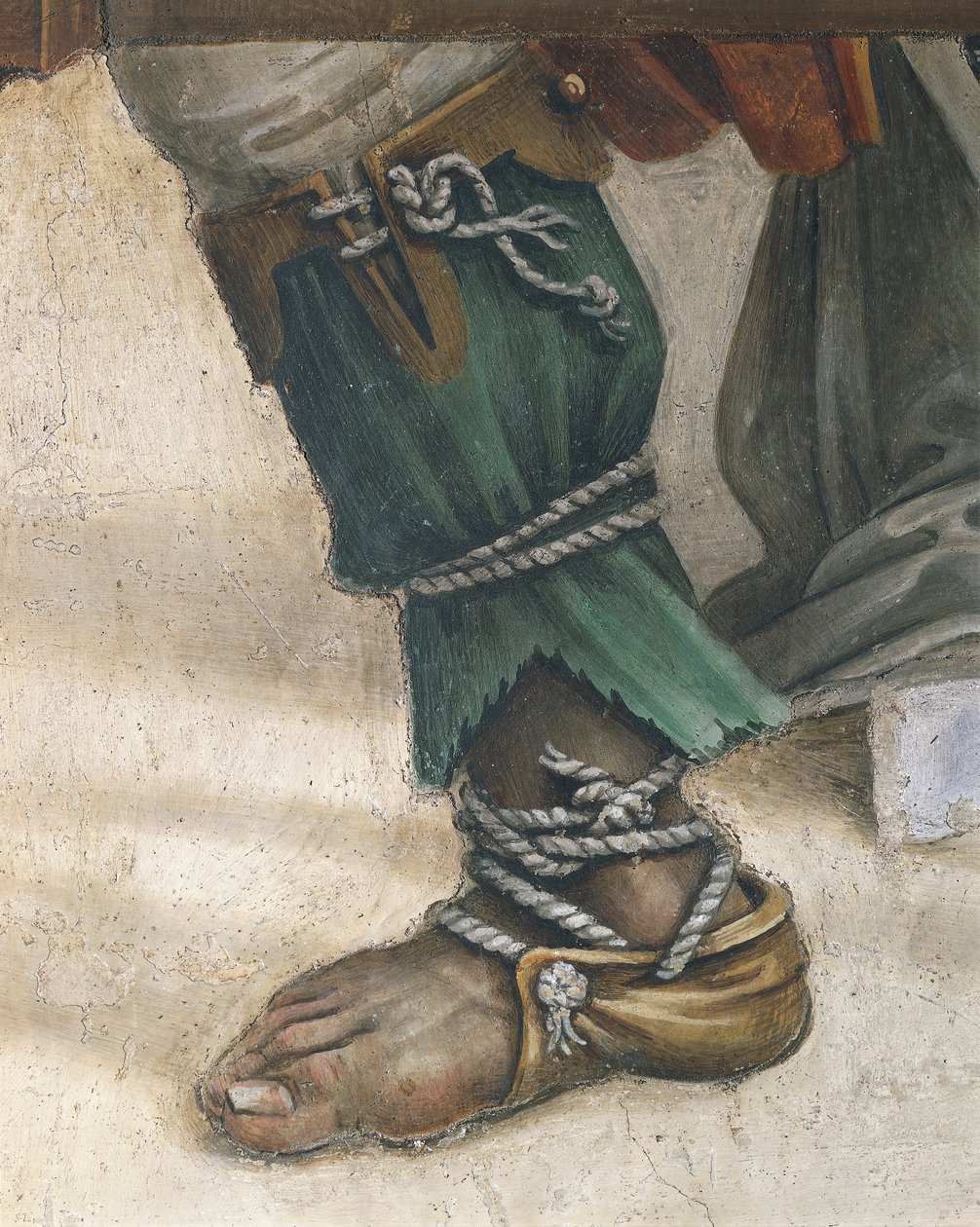 Saint John Evangelist Resuscitating Drusiana av Filippino Lippi, detalj av fottøy, fresco av Filippino Lippi