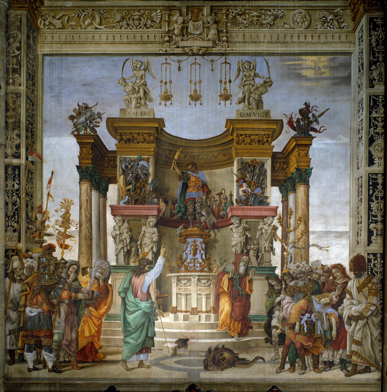 Den hellige Philip utdriver dragen fra freskomaleriet i Hierapolis av filippinske Lippi (1457-1504) 1487-1502 Strozzi-kapellet, Santa Maria Novella, Firenze - St. Philip driver dragen fra Hierapolis-tempelet, av filippinske Lippi (1457-1504) ) .... Fersk av Filippino Lippi
