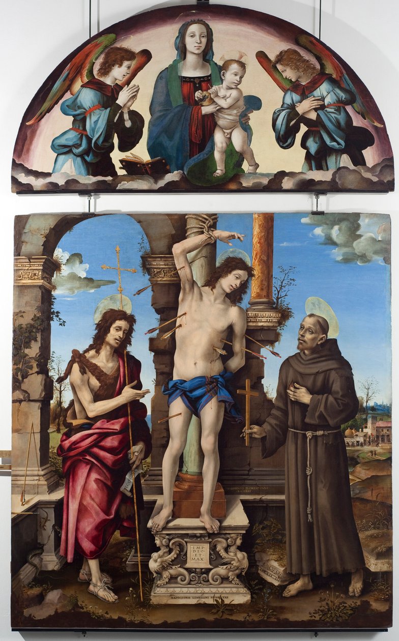 Saint Sebastian omgitt av Saint John the Baptist og Saint Francois of Assisi Central panel. Up jomfru har barn. Maleri på tre av Filippo Lippi (1451-1504) Dim. 298x185 cm Musei di Strada Nuova (ex Palazzo Bianco), gener av Filippino Lippi