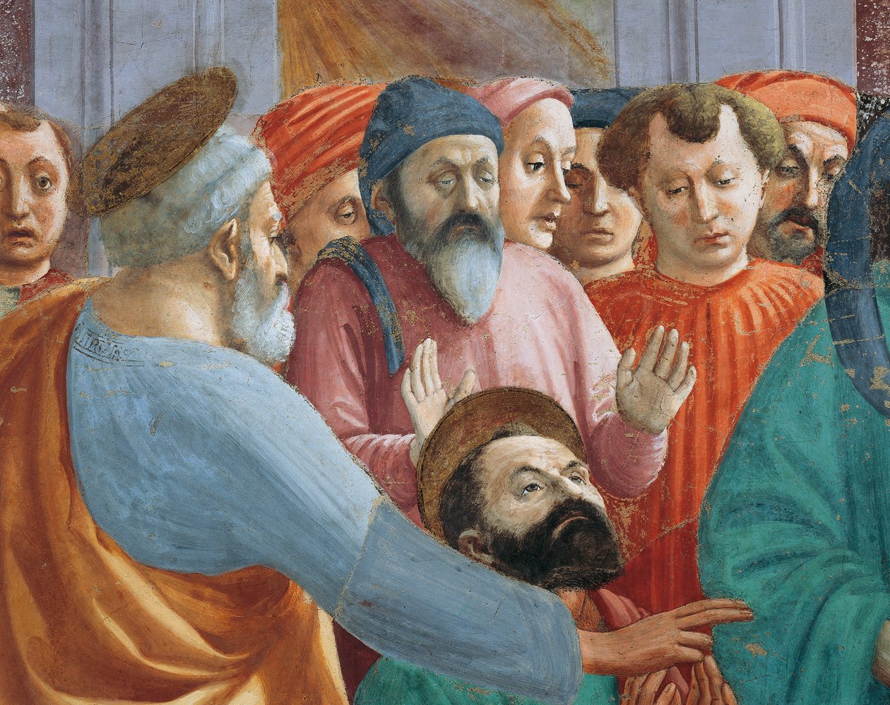 Hellige og folkemengde, detalj fra The Raising of the Son of Theophilus, av Tommaso Masaccio, fresco av Filippino Lippi