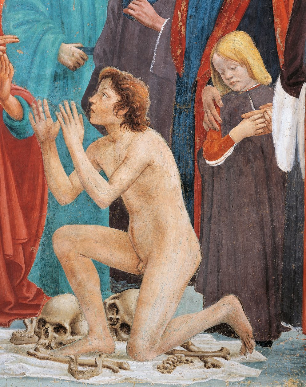 Son of Theophilus, detalj fra The Raising of the Son of Theophilus, av Tommaso Masaccio, fresco av Filippino Lippi