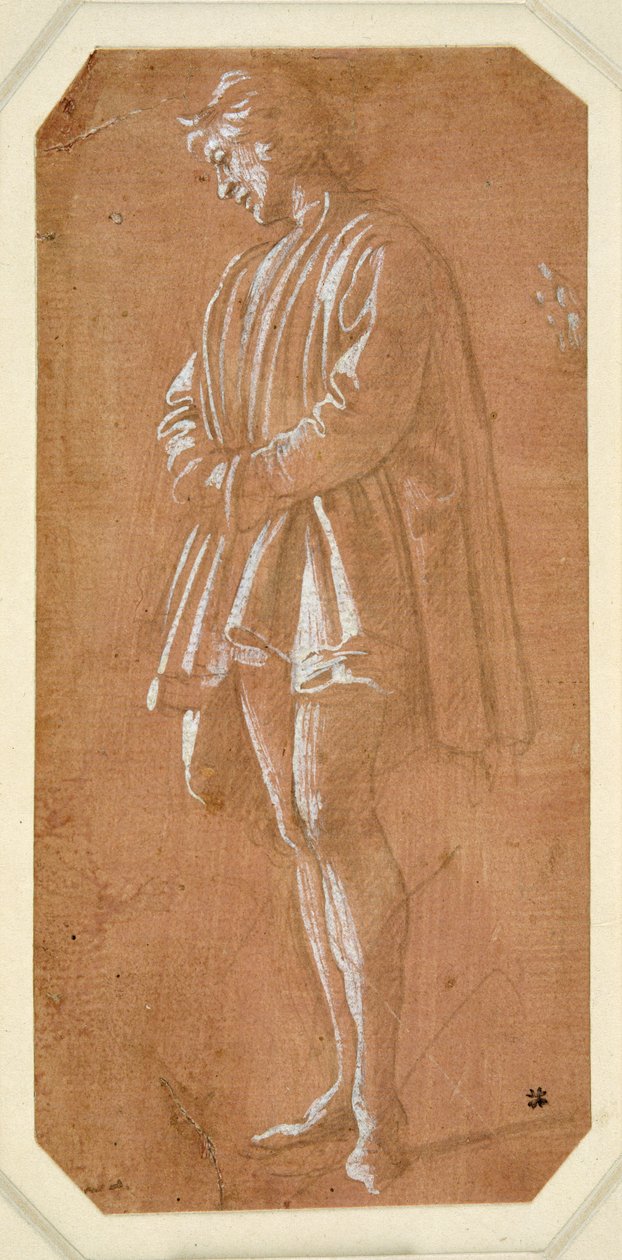 Studie av en ung mann som står med hendene foldet i ermene (metalpoint på papir utarbeidet rosa, forsterket med hvit kroppsfarge) av Filippino Lippi