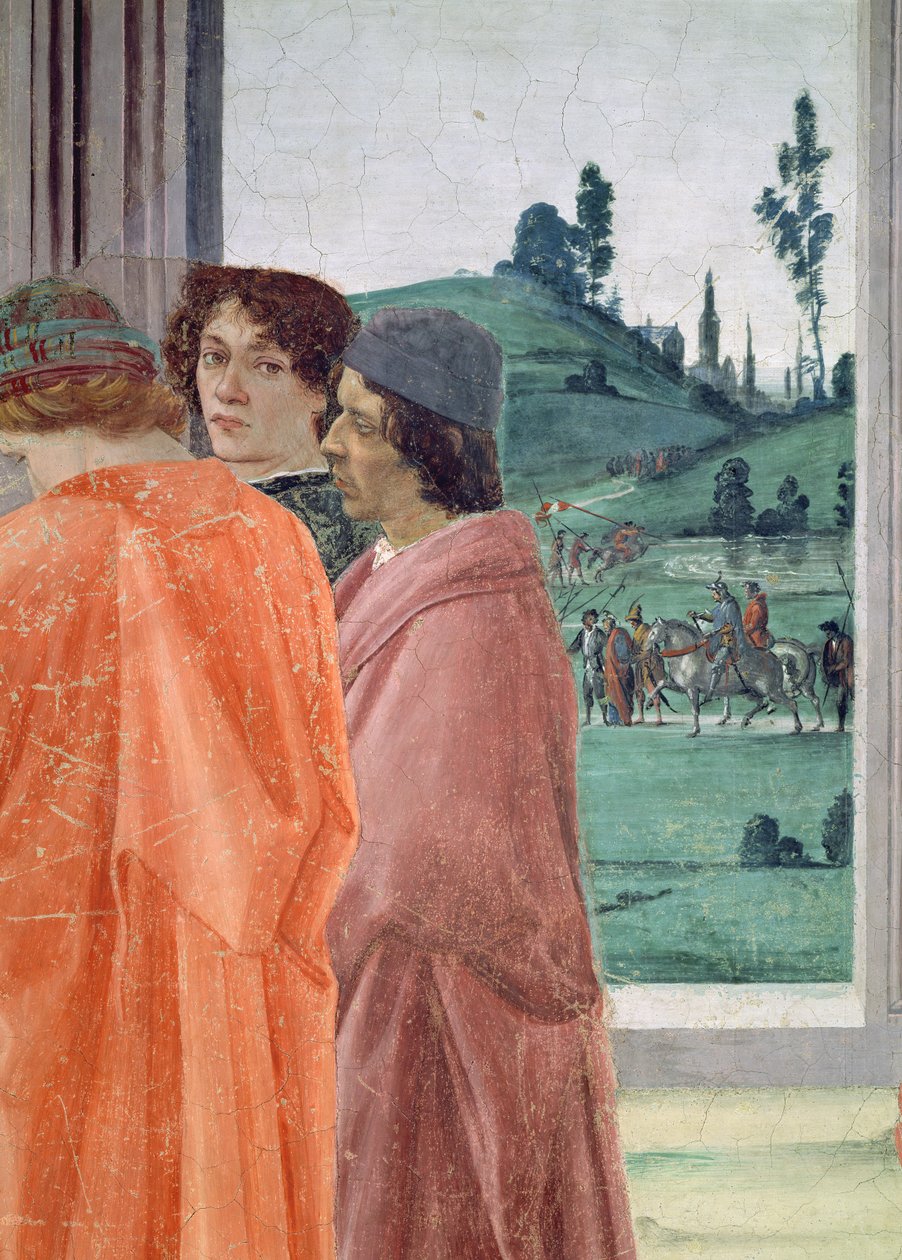 Tvisten med Simon Mago, og korsfestelsen av St. Peter. Detalj av tre skikkelser som ser på korsfestelsen, sentralportrett som antas å være av Filippinos lærer Botticelli, freskomaleri ca. 1480, se også av Filippino Lippi
