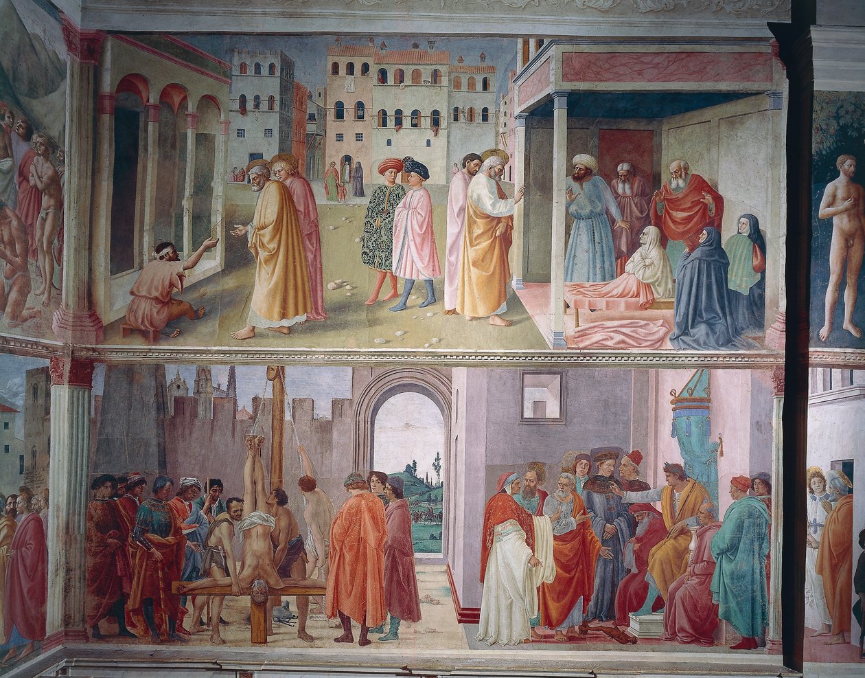 The Healing of the Cripple and Raising of Tabitha, av Masolino da Panicale, Saint Peter konfronterer Simon Magus før Nero, og The Martyrdom of Saint Peter, av Filippino Lippi, fresker av Filippino Lippi