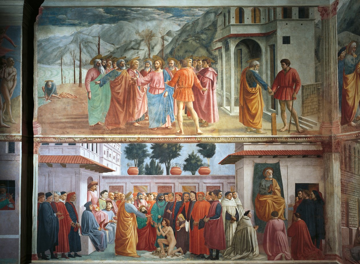 Hyllestpengene, av Tommaso Masaccio, The Raising of the Son of Theophilus and Saint Peter tronende, av Tommaso Masaccio og Filippo Lippi, fresker av Filippino Lippi