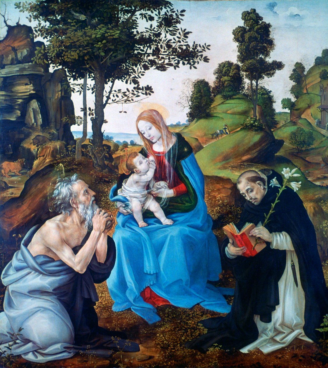 Jomfruen og barnet med de hellige Hieronymus og Dominikus, c1485 av Filippino Lippi