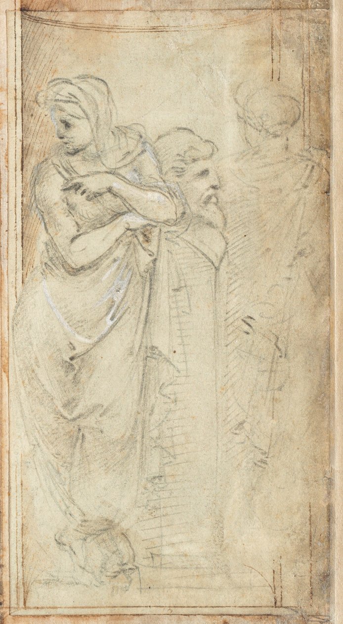 To draperte kvinner som står på hver side av en Herm av Filippino Lippi