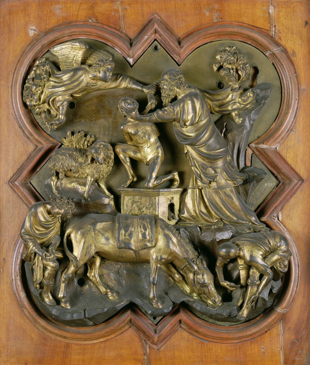 The Sacrifice of Isaac, bronsekonkurranseavlastning for dåpsdørene, Firenze, 1401 (bronse) av Filippo Brunelleschi