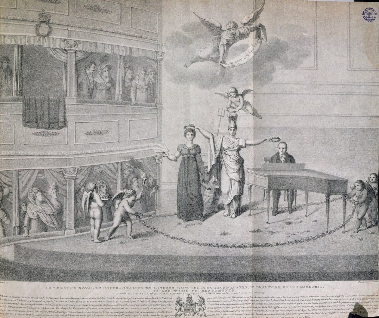 Theatre Royal of Italian Opera i London i sin største glans 24. januar og 3. mars 1824, eller The Three Crownings, trykt av Charles Hullmandel (1789-1850), 1824 av Filippo Pistrucci