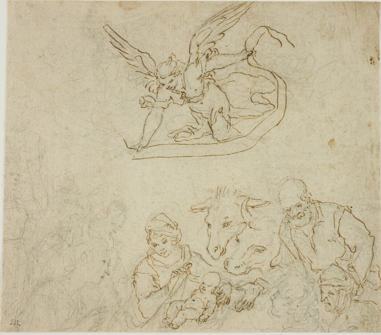 fødsel (rekto); Jomfru og barn, engel (verso) av Filippo Bellini