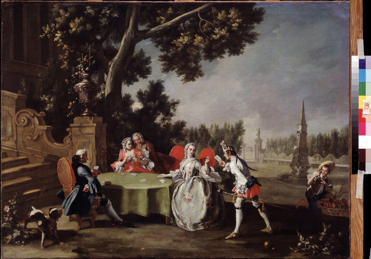 ""Kortfesten"" Gruppe med italiensk adel som spiller kort i en hage. Maleri av Filippo Falciatore (1718-1768) Pushkin-museet fra 1700-tallet, Moskva av Filippo Falciatore