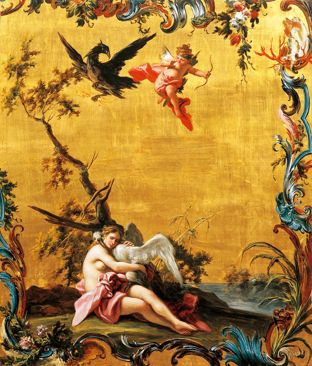 Leda and the Swan, av Filippo Falciatore (aktiv 1737-1768), olje på panel. av Filippo Falciatore