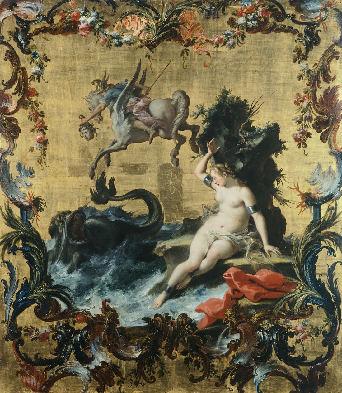 Perseus frigjør Andromeda fra sjømonsteret, av Filippo Falciatore (aktiv 1728-1768), olje på panel. av Filippo Falciatore