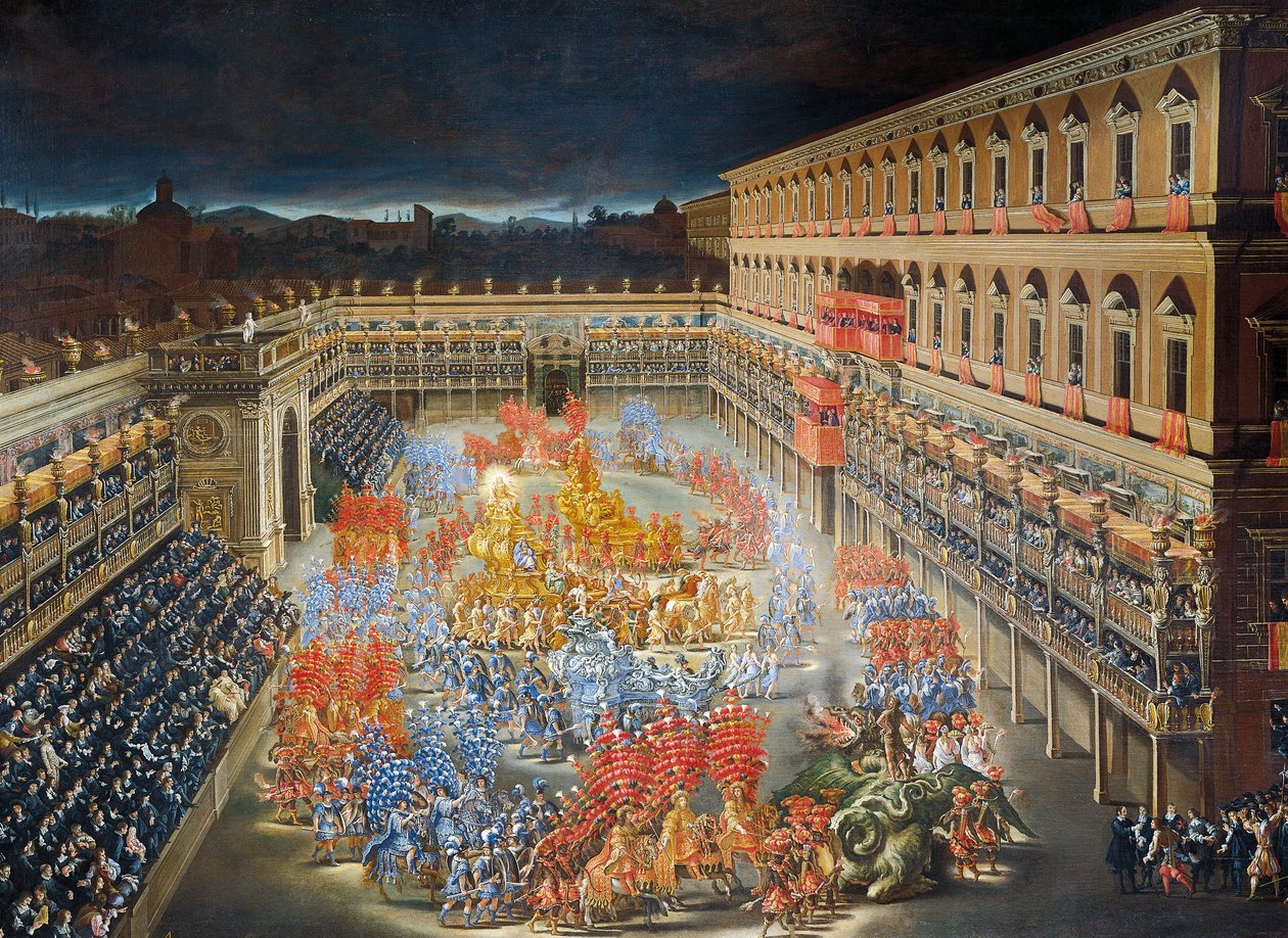 Feiringer på Palazzo Barberini til ære for dronning Christine av Sveriges ankomst til Roma i 1656, maleri av Filippo Lauri (1623-1694) og Filippo Gagliardi (1606-1659), Detalj av Filippo and Gagliardi Filippo Lauri