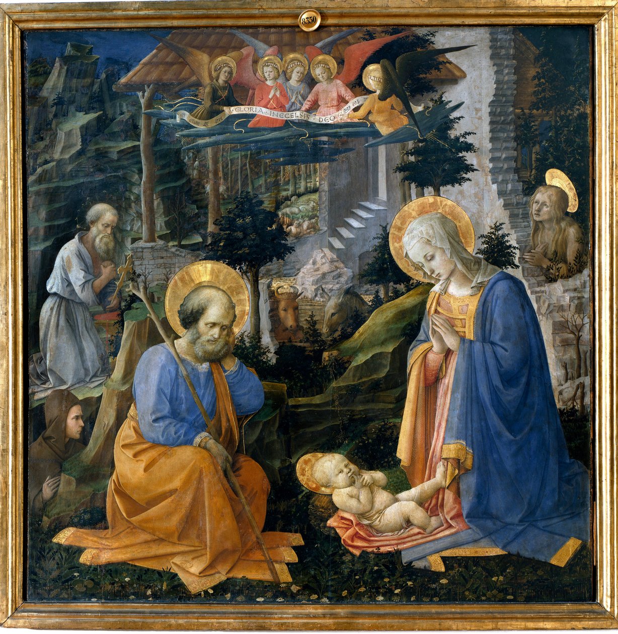 Tilbedelse av barnet med den hellige Hieronymus, den hellige Hilarion, den hellige Madeleine og Englene Detrempe på tre av Filippo Lippi (1406-1469) 1455 rundt Firenze, Galleria degli Uffizi (Kontorer) - Tilbedelsen med St. Josef, St. Hieronymus, Maria Mag av Filippo Lippi