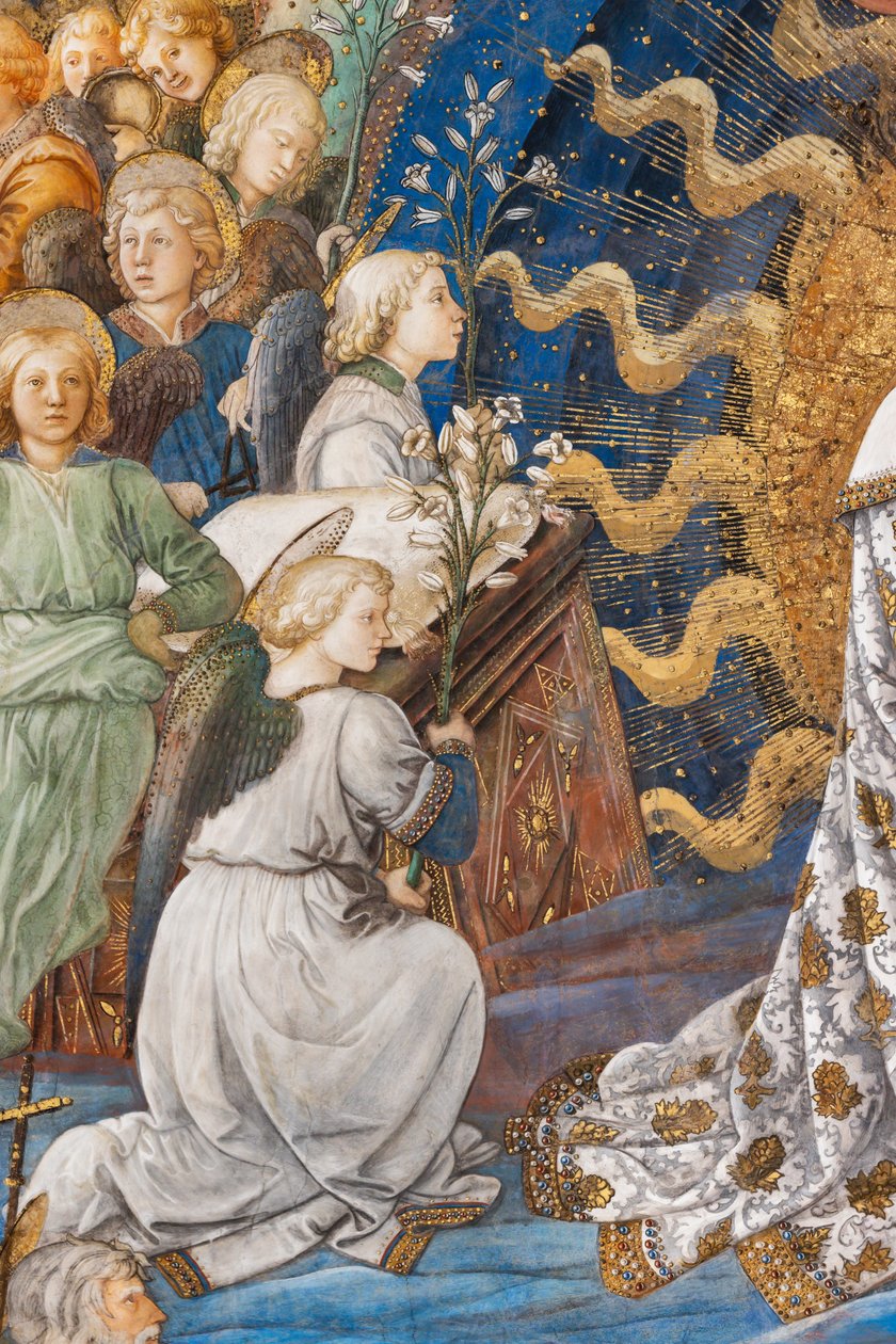 Engler som holder liljer, blomster som er symbolet på renhet, detalj av Marias kroning av Filippo Lippi