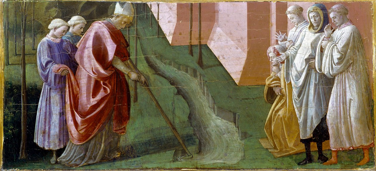 Pala Barbadori: "" Saint Fridian (frigidisk eller frigdisk eller Frediano) biskop av Lucca, stopper ved sine bønner flom av Serchio-elven"" Trempe på tre av Filippo Lippi (ca. 1406-1469) Firenze Galleria degli Uffizi (Kontorer) - Predella av Barb av Filippo Lippi