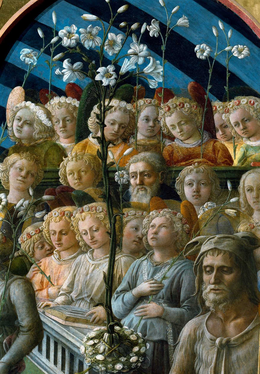 Kroningen av Jomfruen Detalj av korenglene som holder blomster av liljer. Karakteren under til høyre er døperen Johannes skytshelgen for Firenze. Maleri av Filippo Lippi (1457-1504) av Filippo Lippi
