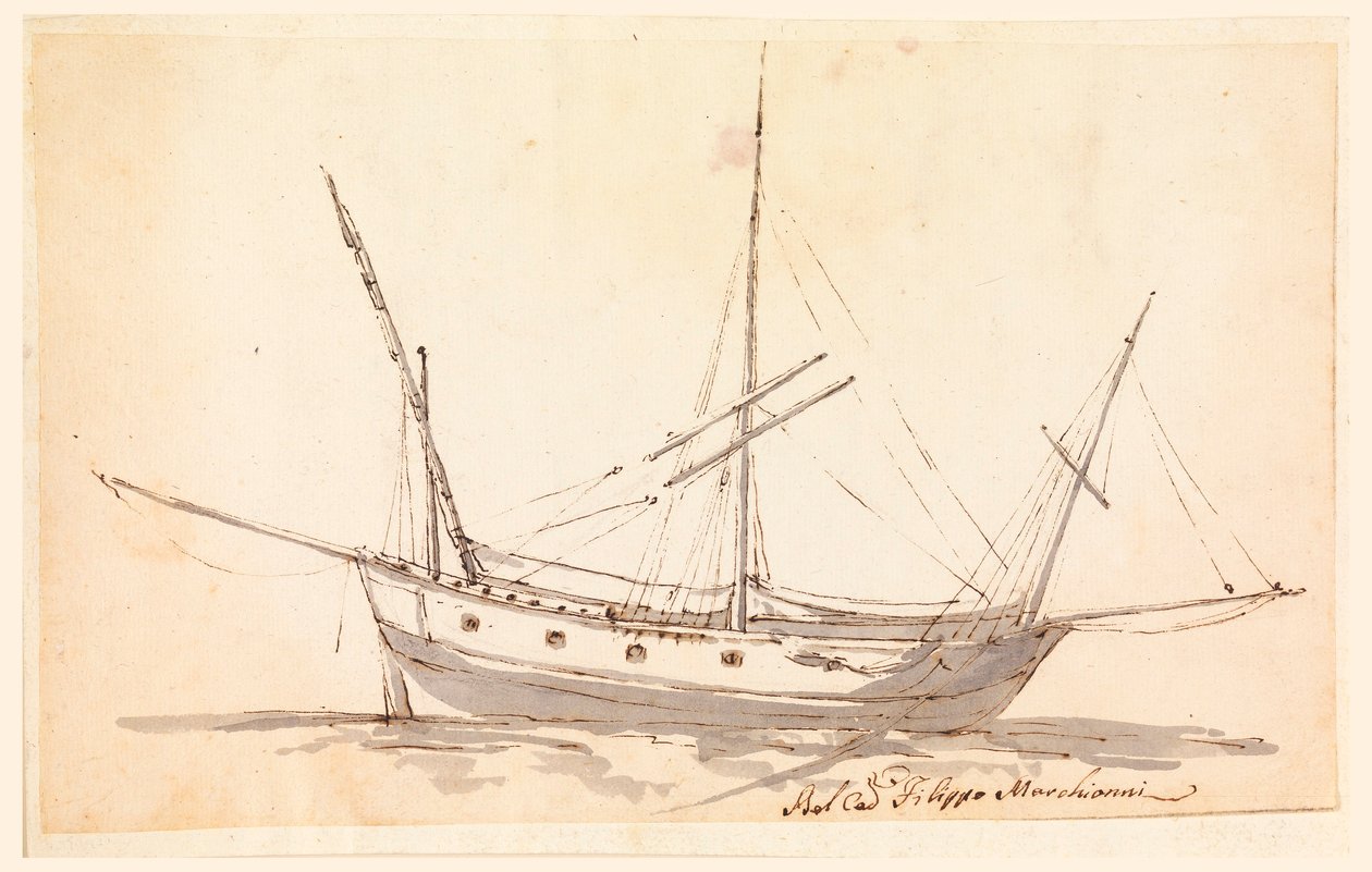 Tegning, et seilskip, ca. 1780 av Filippo Marchionni