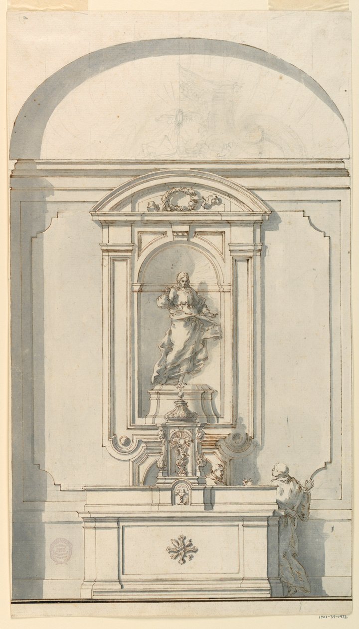 Tegning, Alter med tabernakel og to prester i samtale, 1750–75 av Filippo Marchionni