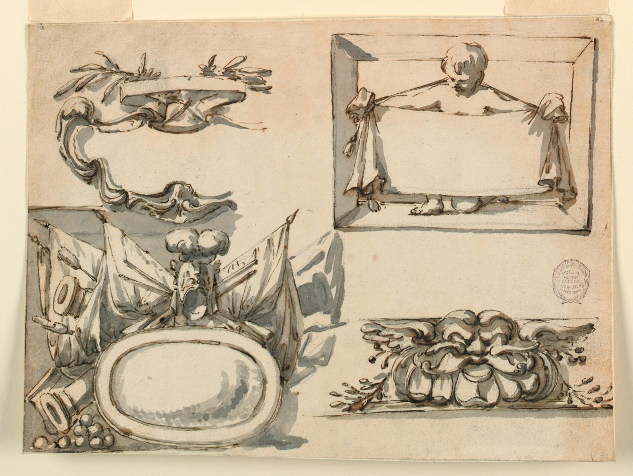 Tegning, et våpenskjold, et trofé, en etikett, et dekorativt motiv for en frise, 1750–75 av Filippo Marchionni