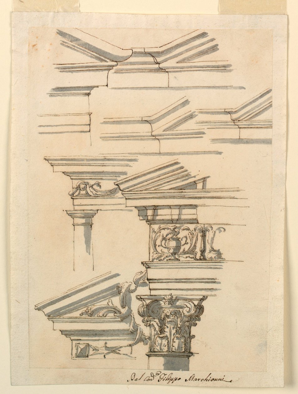 Tegning, studier for entablaturer og gavl, ca. 1770 av Filippo Marchionni