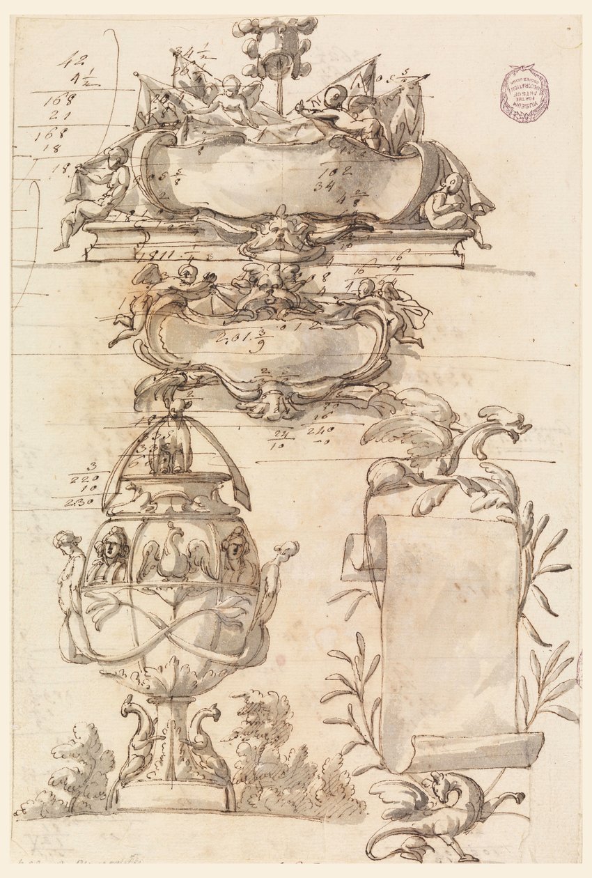 Tegning, to våpenskjold, dekorativ vase og en skriftrull, 1750–75 av Filippo Marchionni