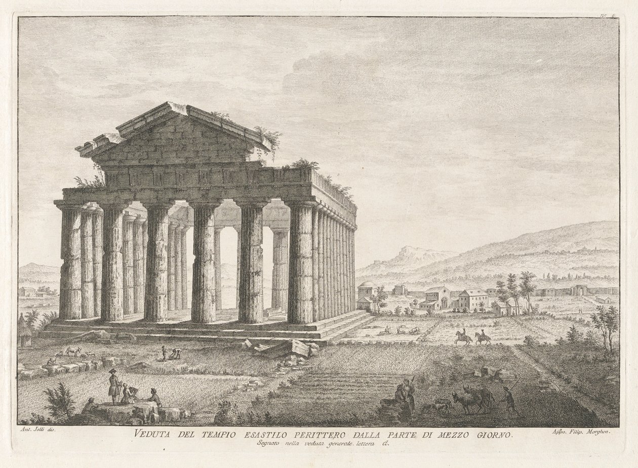 Utsikt over Peripteral Hexastyle Temple fra sør, fra Antichit? av Pesto (Antiquities of Paestum) av Filippo Morghen